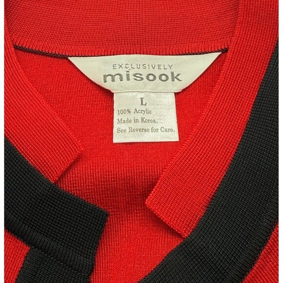 Exclusively Misook Open Jacket Red Black Trim Faux Pockets Shoulder Pads Size L - Picture 8 of 10
